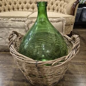 Green Glass Vase with Wicker Basket